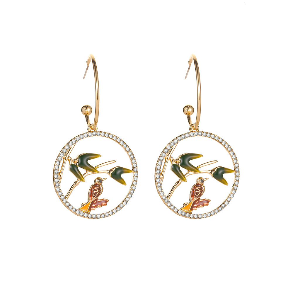 National Alloy Inlaid Dia Branch Bird High-End New Chinese Style Round for Women Simple Drop Earrings Jewelry