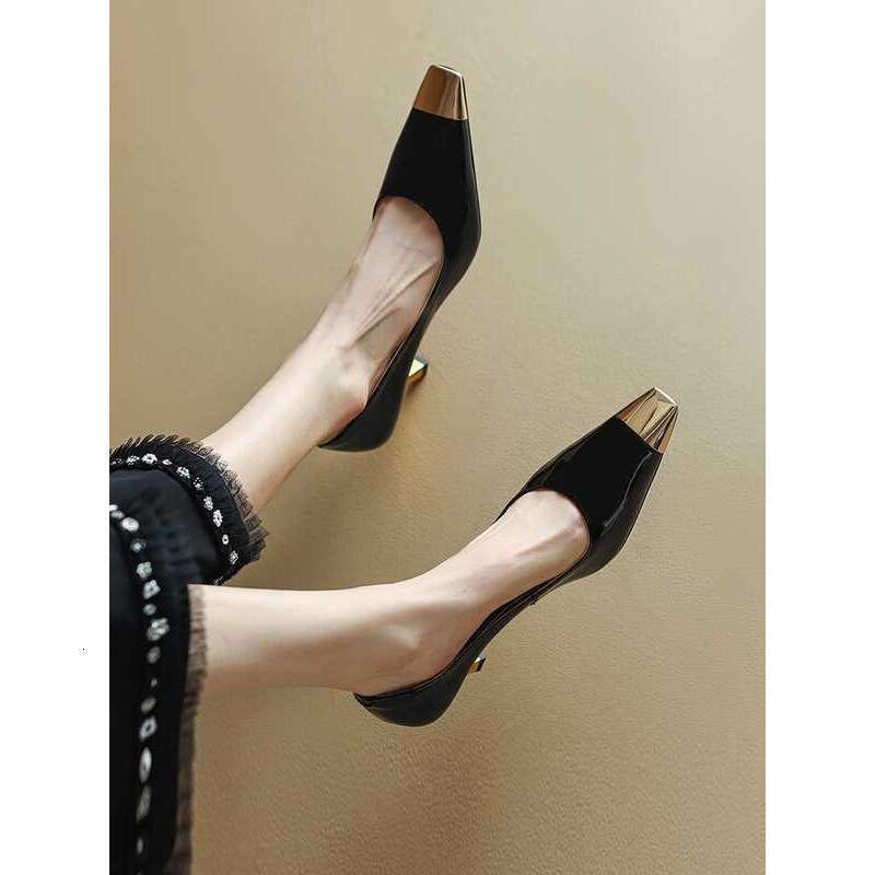 Metal High heels Women Black 2025 Spring New Square Toe Patent Leather Sexy French Style White heelegant Thin heel Pumps
