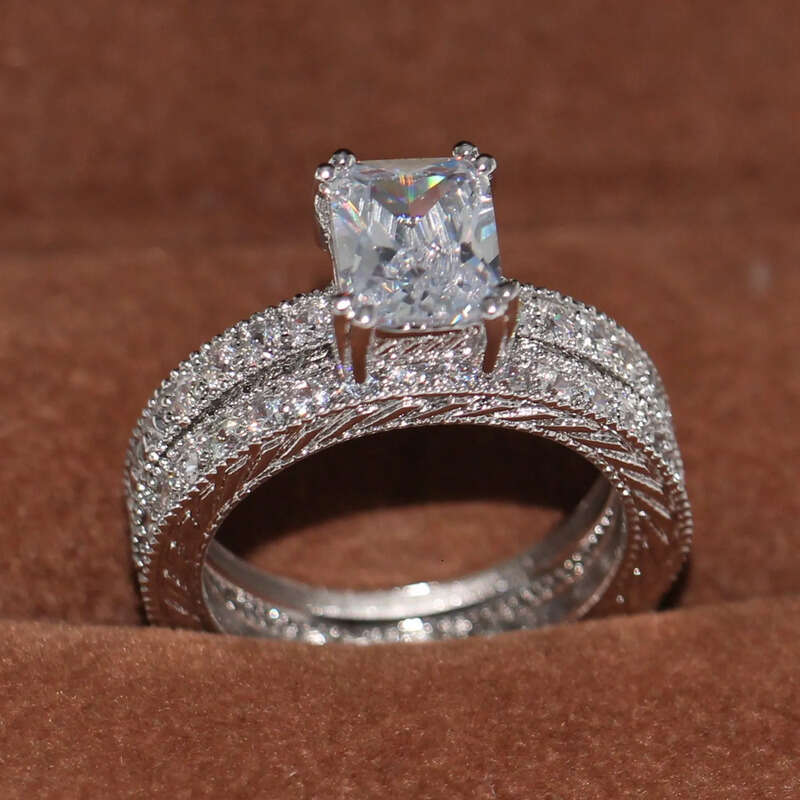 Size 5-10 Vintage Fashion Jewelry 10KT Gold Filled princess Cut 5A White Topaz CZ Dia Retro Women Weding Bridal Band Ring Set Gift