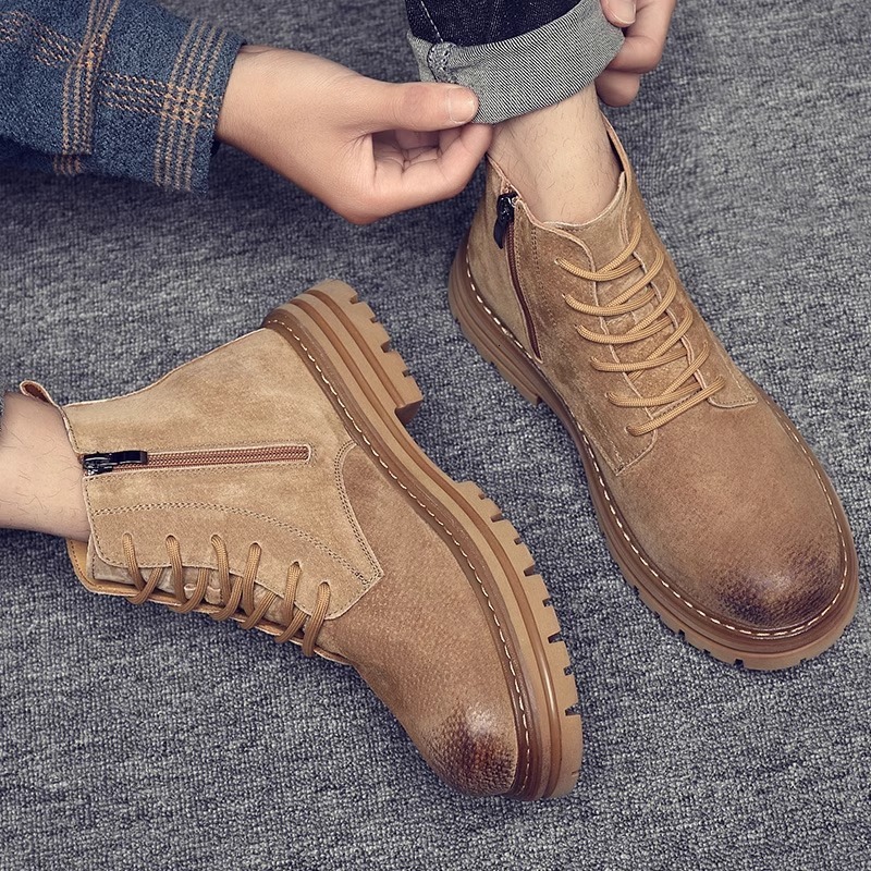 New men's Martin boots winter wool lining high top British retro style yellow boots leather casual mid top work shoes designer shoes