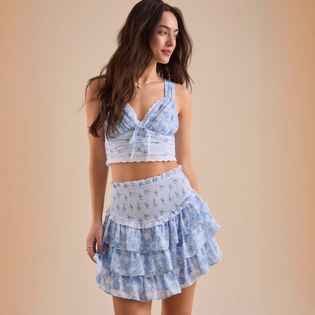 Trendy Printed Camisole Sexy Lace Trim Two-Piece Set 1145 dongdumaoyi