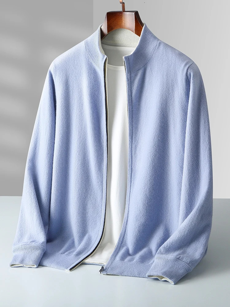 Autumn Winter Men 100 Merino Wool Stand up Collar Knit Cardigan Sweater Doublesided Thickening Zipup Cashmere Sweat 250929