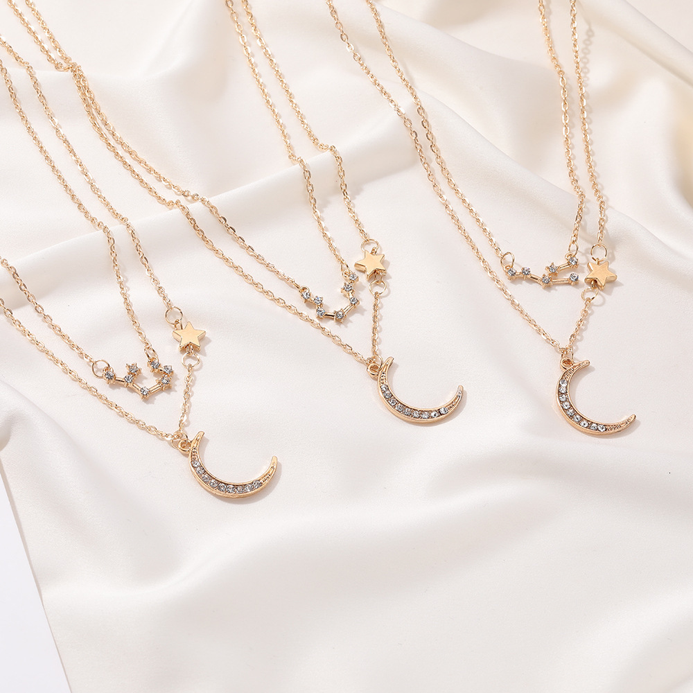 Double Layer Star Moon Collarbone Chain Elegant Inlaid Dia Zodiac Necklace Ins Style Internet Celebrity Accessory