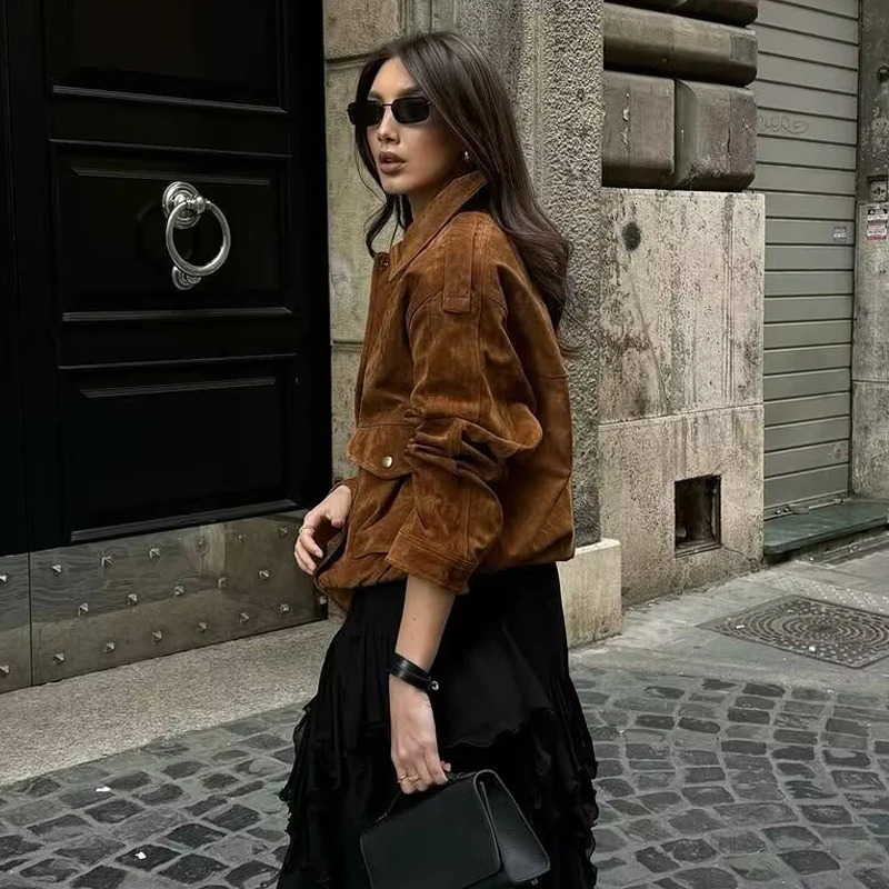MUJER 2025 Bomber Jackets for Women Outerwears Suede Jacket Streetwear Holiday Coats Zipper in and 250930