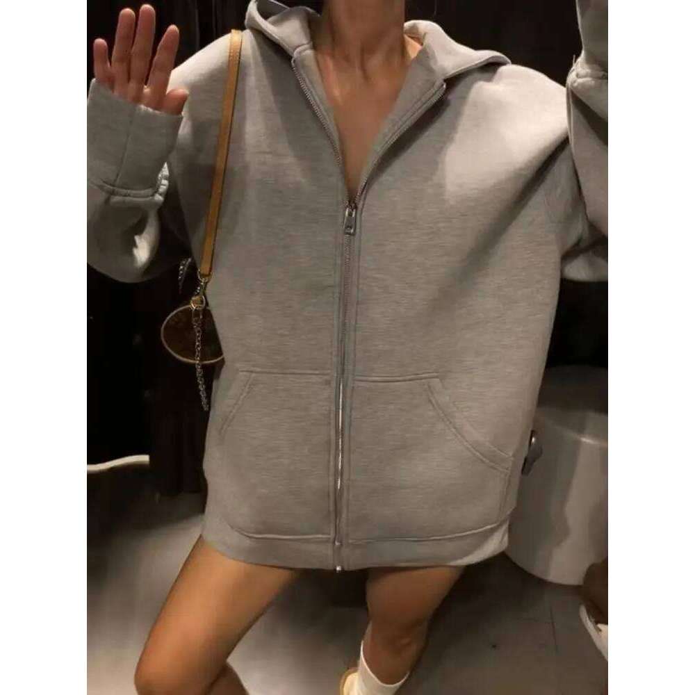 HH Autumn Women Gray With Hood Long Sleeve Big Pocket Zipper Jacket Woman Loose Casual Outerwear Coat Tops