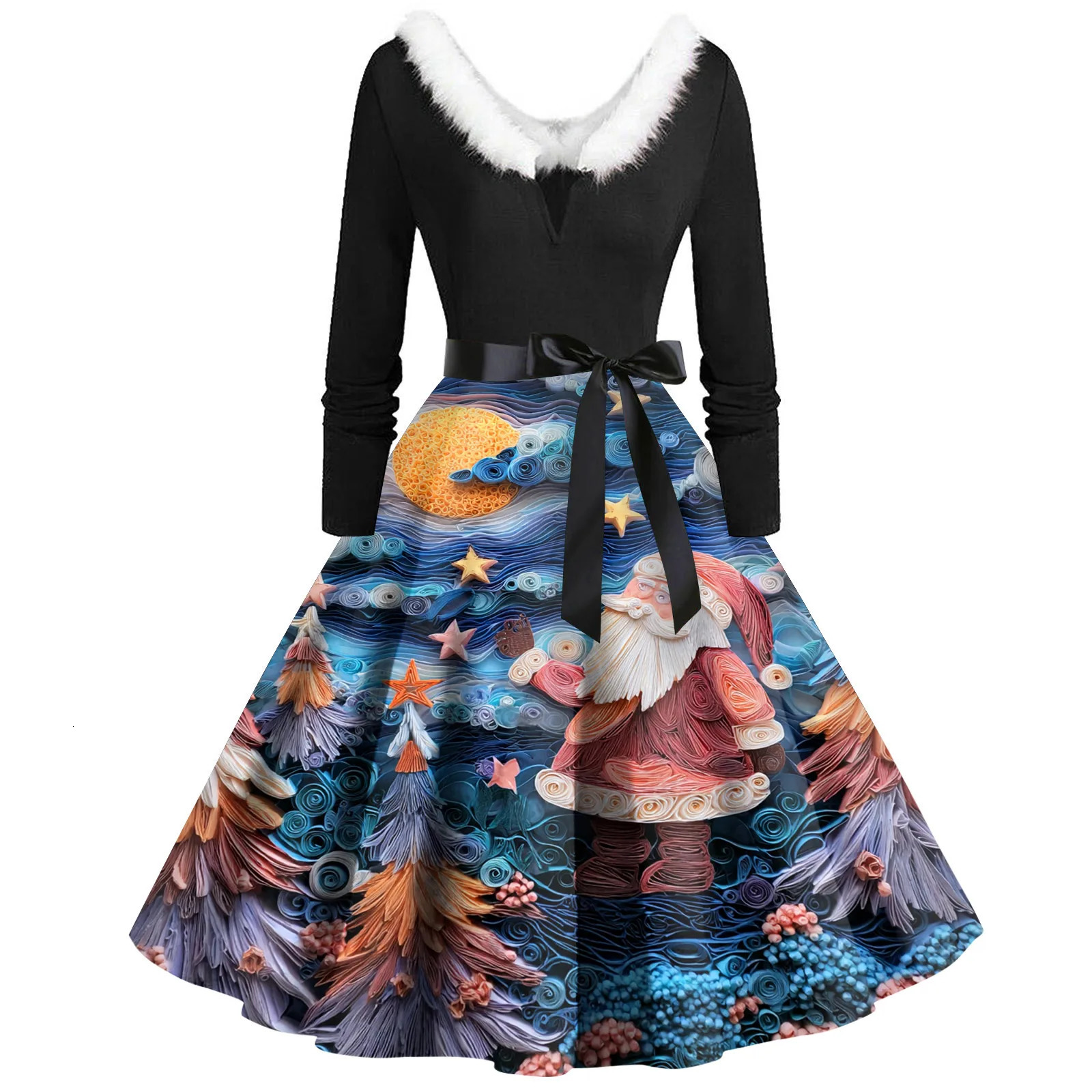 Christmas Ladies Fashionable Round Neck Casual Print Long Sleeved Dress With Large Swing Party And Holiday Attire 250930