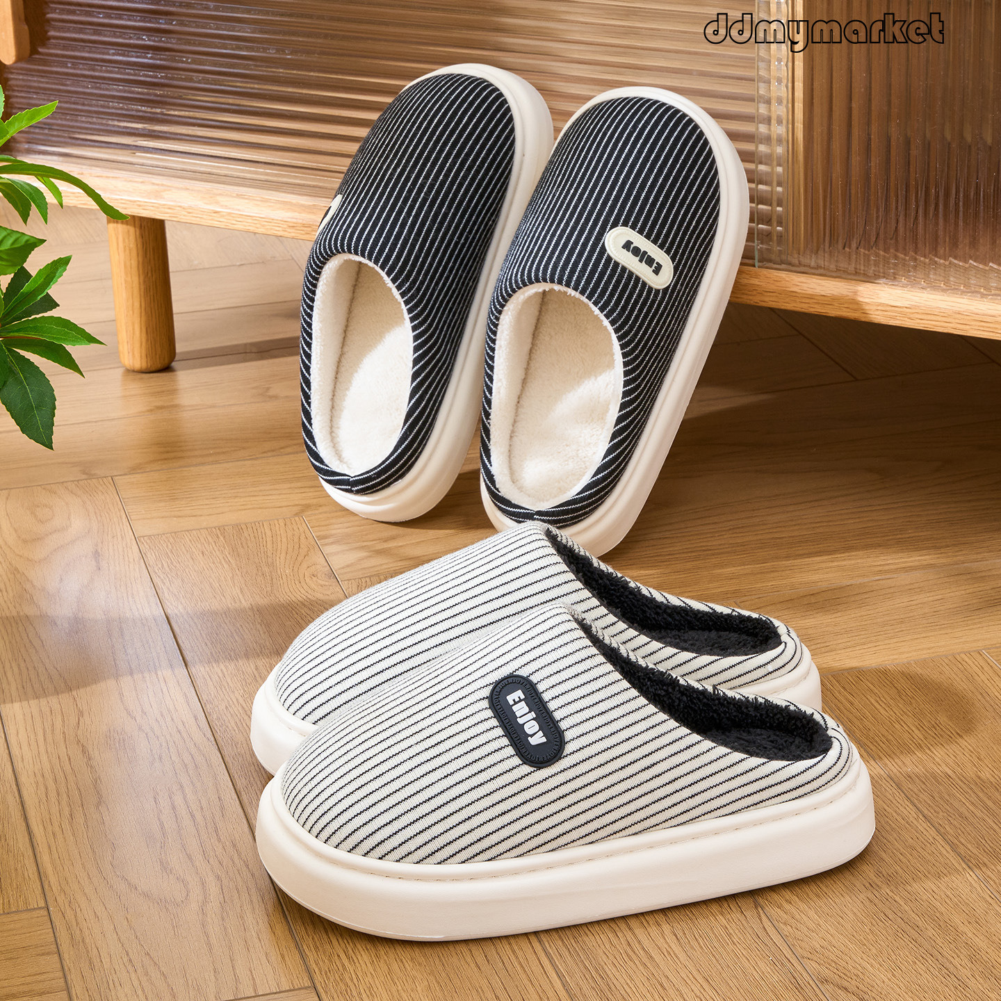 Winter 2025 New Indoor Home Use Warm Plush Men's Simple Striped Cotton Slippers ddmymarket