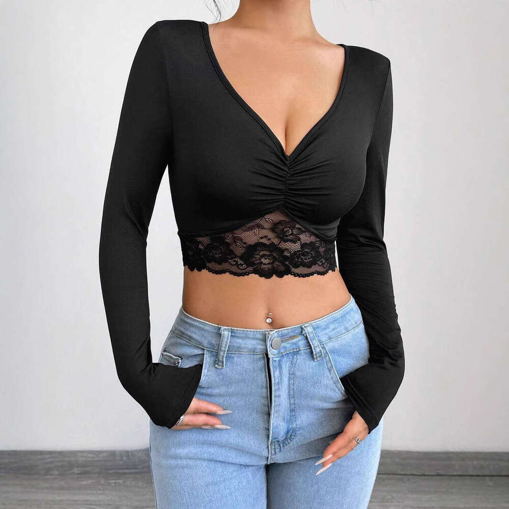 2025 New Women's Deep V-neck Long Sleeve Lace Patchwork Ruched Short T-shirt Top