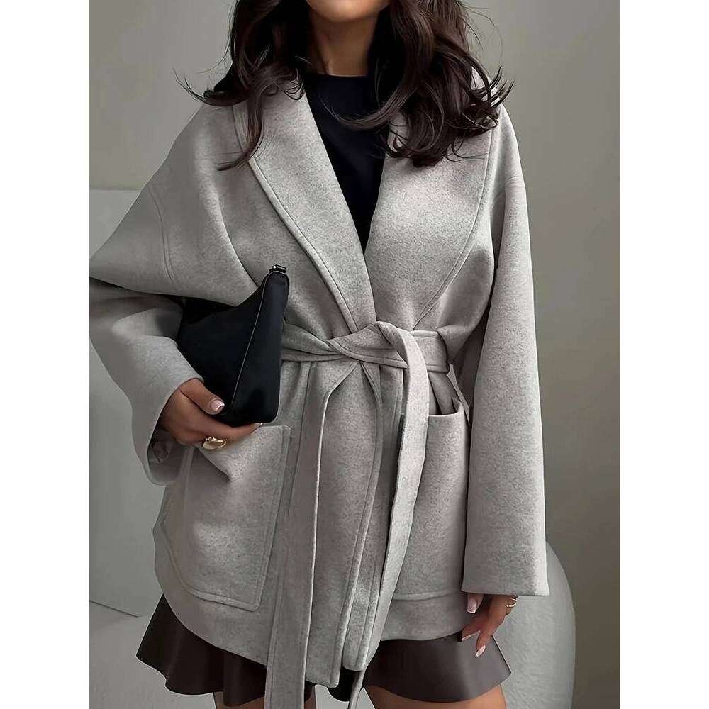Sashes Patchwork V Neck Long Sleeve Jacket Autumn Winter Cardigan Outerwear Simple Fashion Coats For Women 2025 Style Streetwear