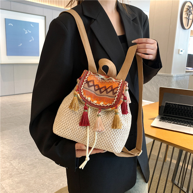 Designer Bag Ethnic Style Luxury Bag Cross-border Backpack For Women 2024 New Wholesale Woven Vintage Bag Fashion Color-block Casual Travel Bag