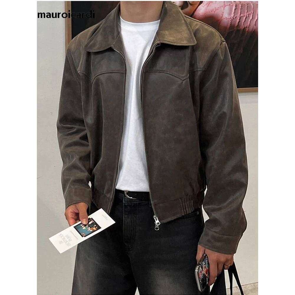 Mauroicardi Spring Autumn Vintage Lightweight Distressed Washed Brown Pu Leather Jacket Men Zipper Casual Korean Fashion Clothes