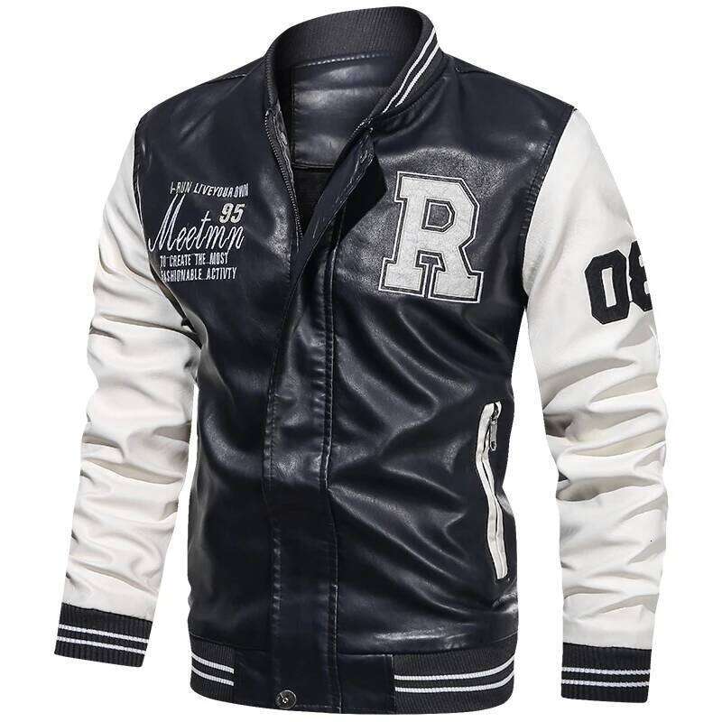 Spring And Autumn Men's Motorcycle Fleece-lined Suit Leather Color Blocking American Baseball Collar Pilot Casual PU Leather Jacket