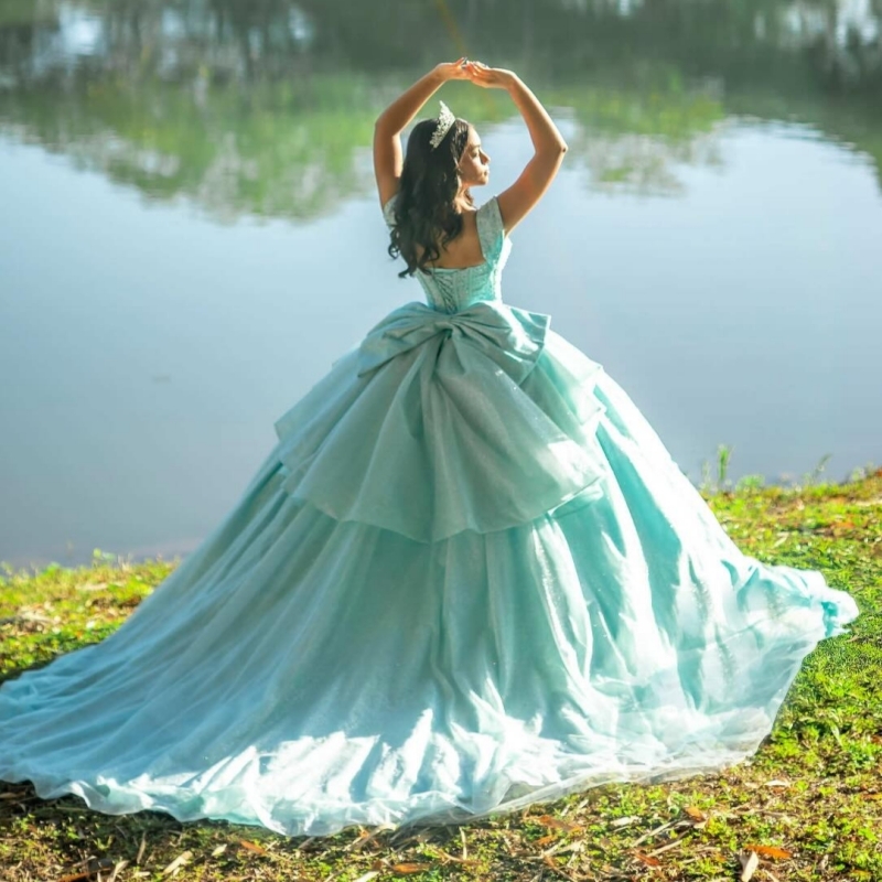 Cyan Shiny Quinceanera Dresses Off The Shoulder Beads Bow Tull Party Birthday Sweet 16 Dress Vestidos 15 De Anos