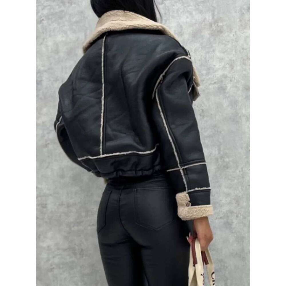 Women Vintage Leather Jacket Faux Fur Open Front Fashion Casual Furry Collar Short Parka Coat Warm Cardigan With Belt
