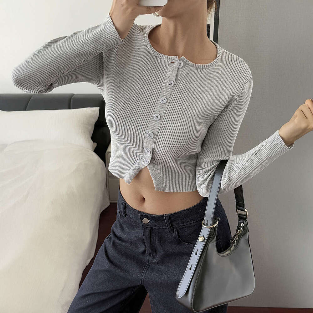 Y2K Hot Girl Button Long Sleeve T-Shirt Base Shirt Knitted Women's Fashion 2025 Autumn Winter