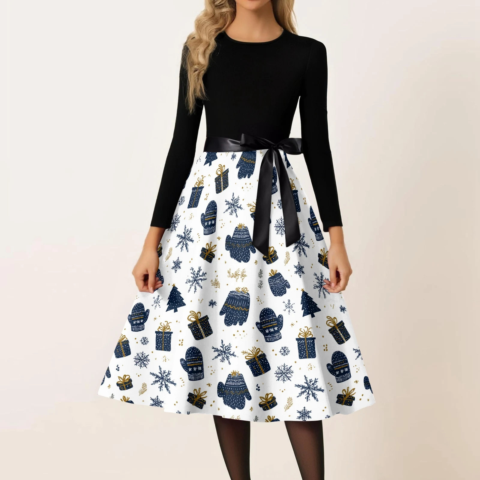 Ladies Casual And Fashionable Comfortable And Breathable Round Neck Christmas Print Retro Dress Suitable For Daily Wear 250930
