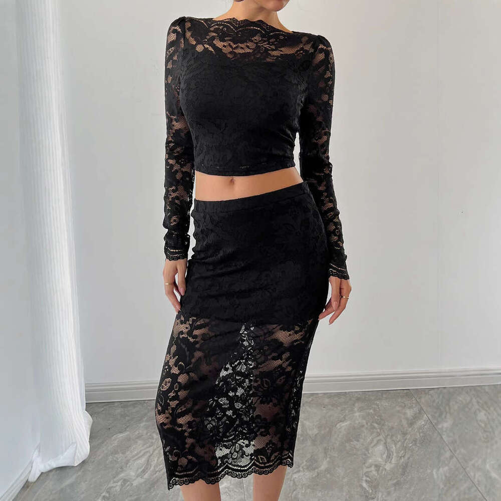 2025 Autumn and Winter New Sexy Women's Lace Jacquard Semi-Transparent Half Skirt Set