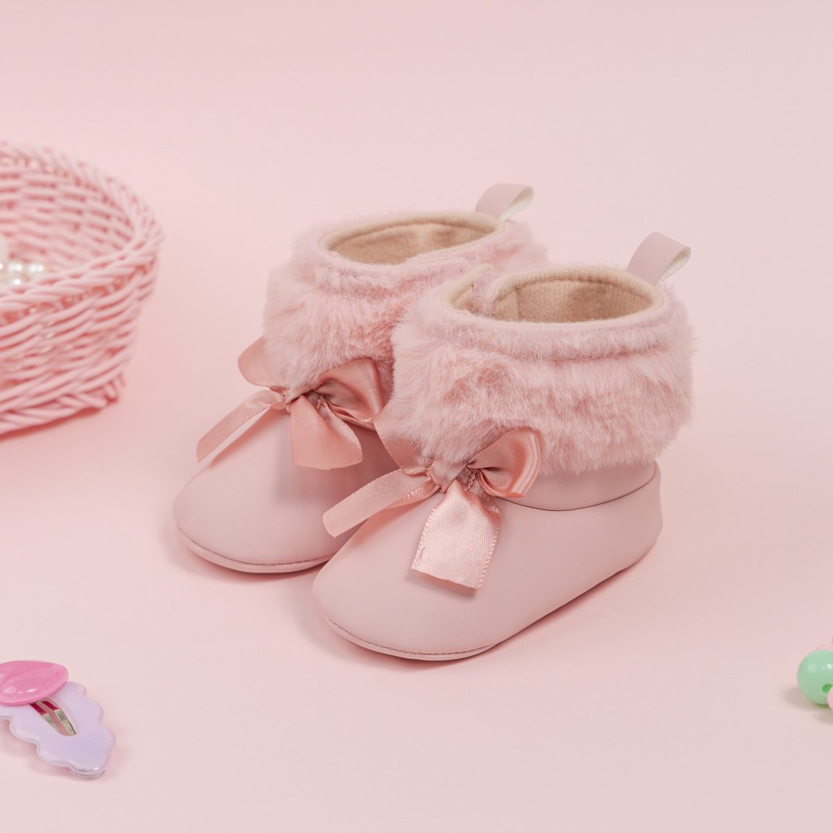 Pink Toddler With Bow Velvet Fluzzy Autumn Winter Baby Snow Boots Kidszworld Kids Girls Warm Shoes First Walkers Shoes 0-18 Months K0027