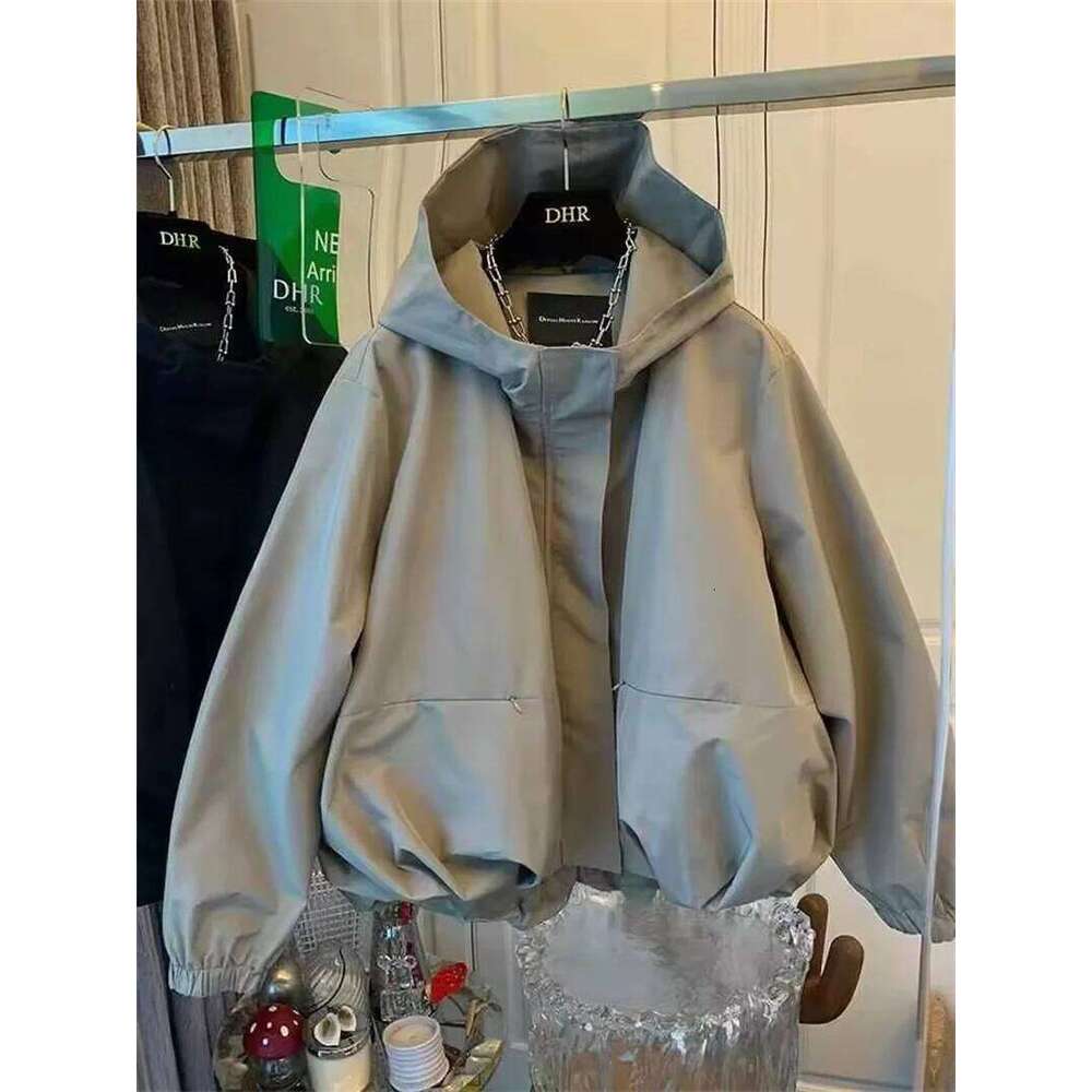 Unique Women Spring Autumn Hooded Short Jacket Casual Drawstring Pocket Windbreaker Loose Zipper Basic Coat