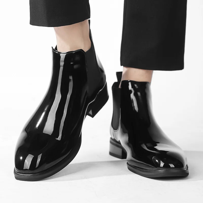 Chelsea Boots for Men Patent Leather Black Buckle Ankle Round Toe Business Classic Handmade Men Short Boots Botas De Hombre 250930