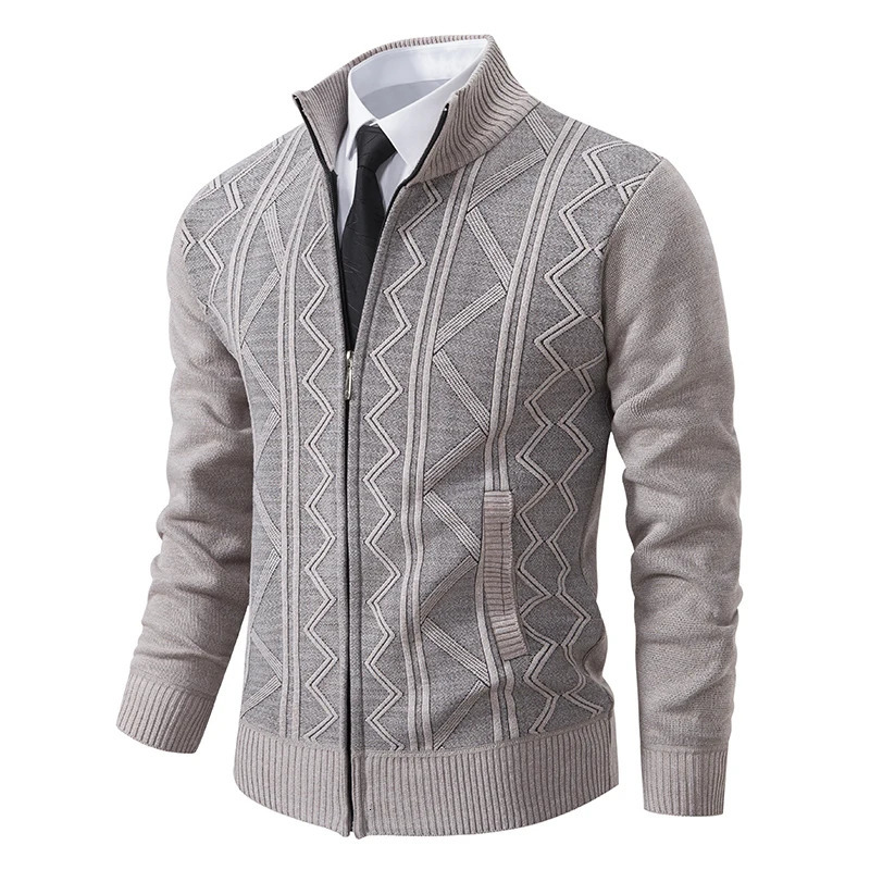Mens Warm Fleece Cardigan Full Zip Sweater Clothes Striped Brown Knitwear Fashion Knitted Jacket Coat 250929