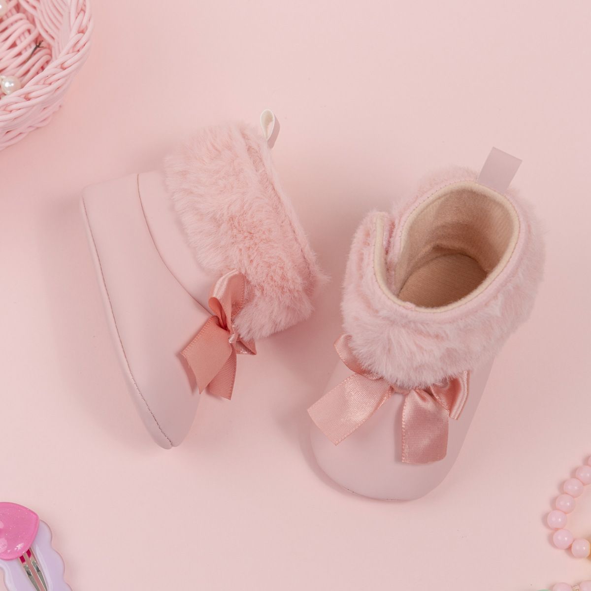 Pink Toddler With Bow Velvet Fluzzy Autumn Winter Baby Snow Boots Kidszworld Kids Girls Warm Shoes First Walkers Shoes 0-18 Months K0027