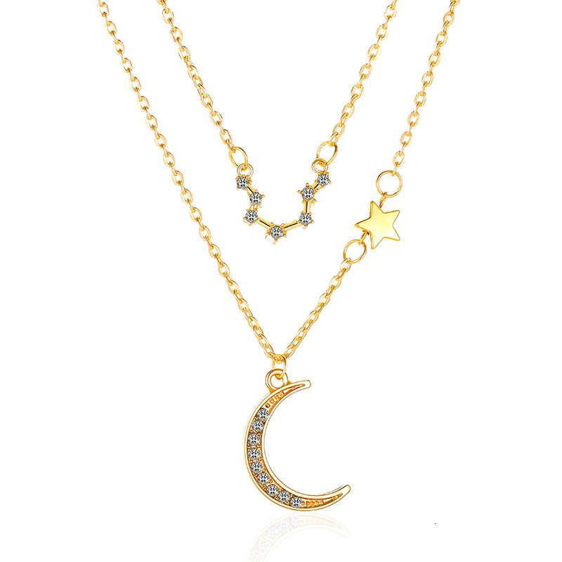 Double Layer Star Moon Collarbone Chain Elegant Inlaid Dia Zodiac Necklace Ins Style Internet Celebrity Accessory