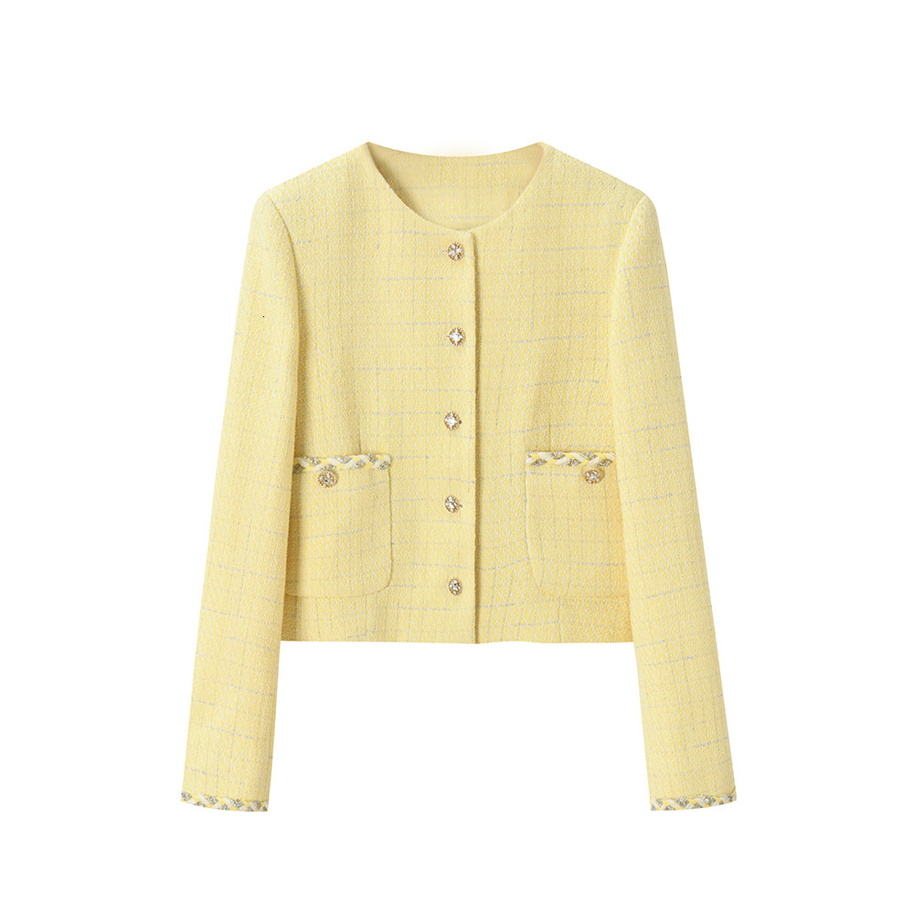 2025 Autumn Golden Wind Yellow Commuting Silver Line Round Neck Designer Jacket Short Fashion Slim Women's Coarse Hair Coat Autumn/Winter design 