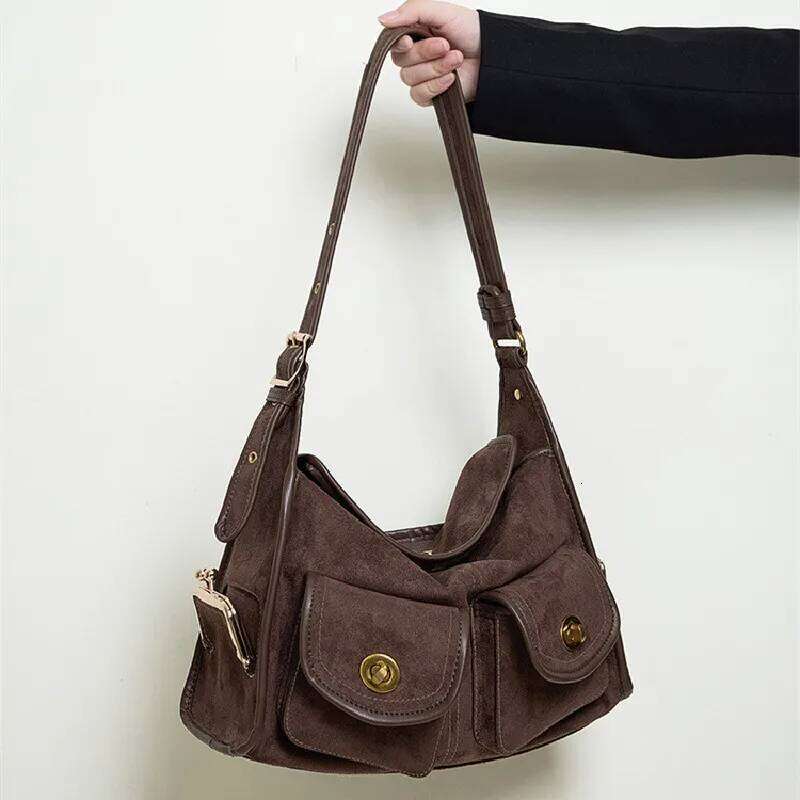 Casual Commuter Large Capacity Suede Pillow Single Shoulder Crossbody Bag Vintage Style Polyester Lining Zipper Closure
