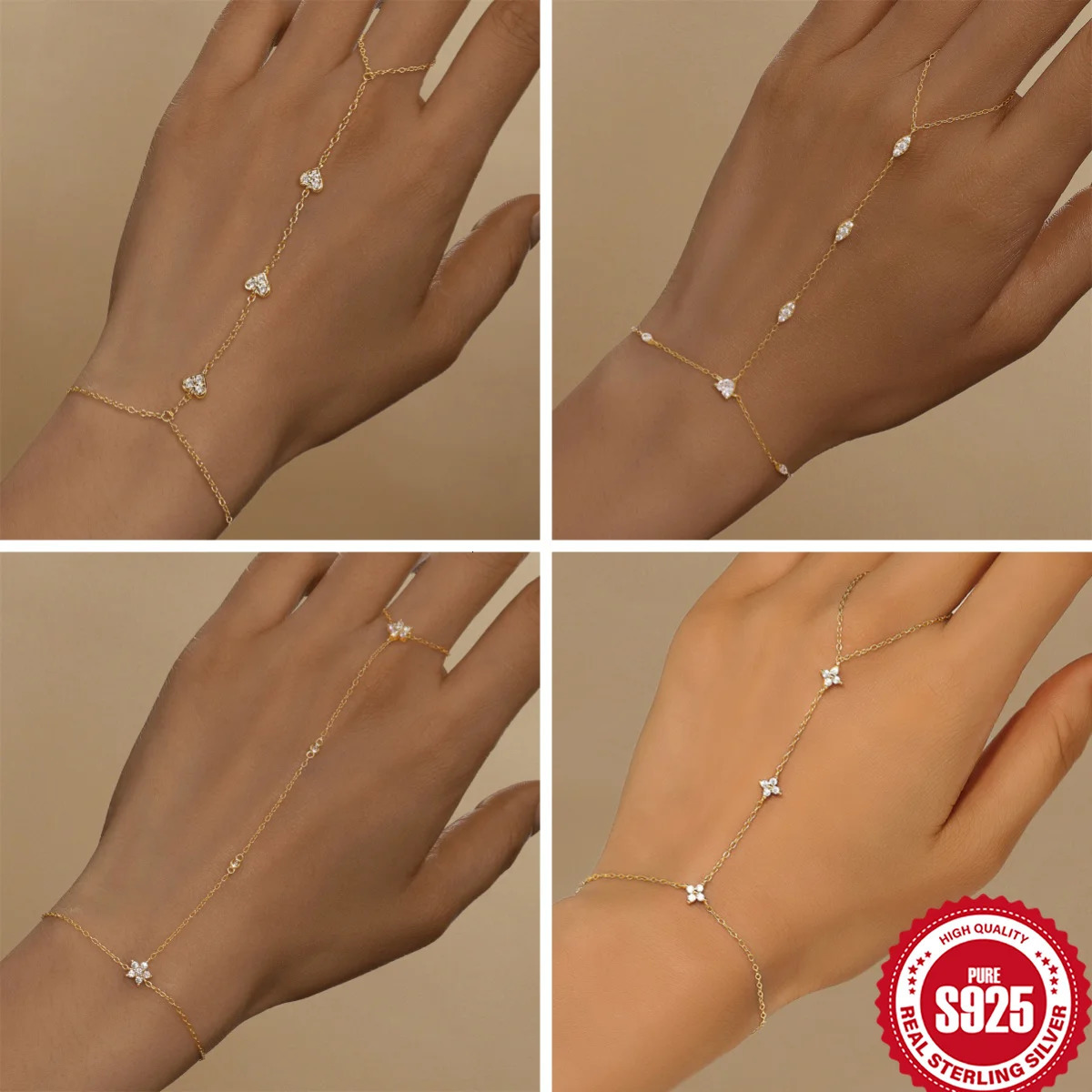 BOAKO 925 Sterling Silver HeartStar Zircon For Women Hand Chain Multiple Layers with Finger Rings n Party Jewelry Gift 250928