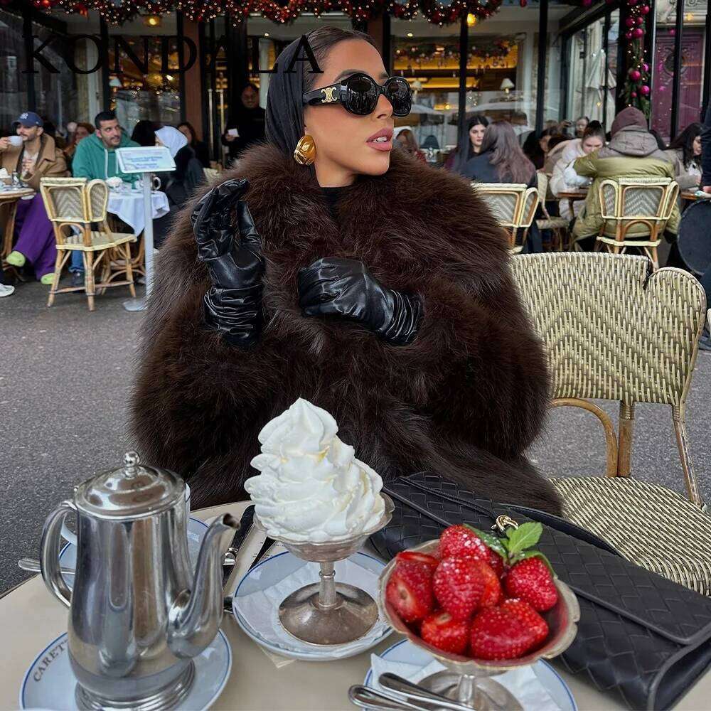 KONDALA 2025 Fall Winter Casual Faux Fur Brown Women Warm Jackets Streetwear Turn Down Collar Christmas Oversized Elegant Coats