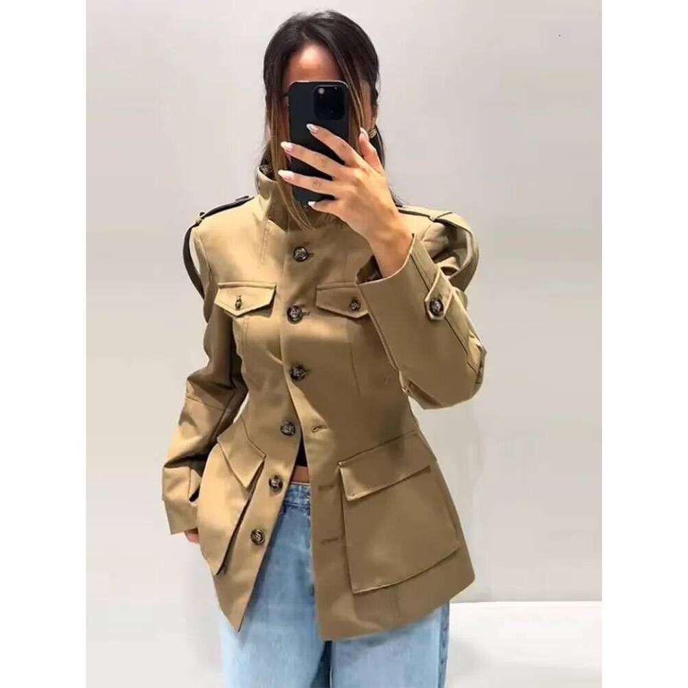 Tidalyf 2025 New Women Casual Jacket High Neck Single Button Shoulder Cuff Strap Pocket Design Chic Fashion Autumn