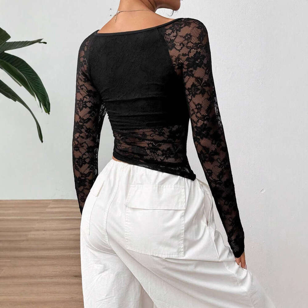 2025 New Elegant Women's Lace U-shaped Neck Asymmetric Hem Design Long Sleeve T-shirt Top for Women