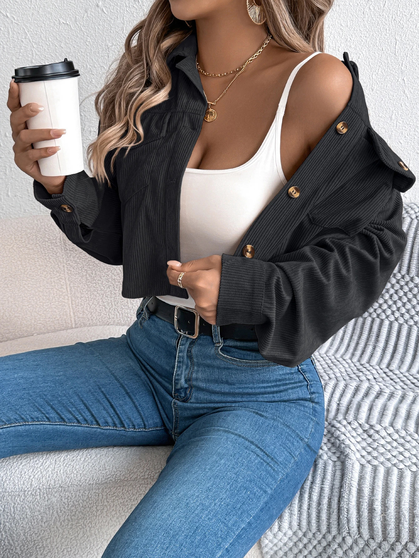 Autumn Winter Crop Jacket Woman 2025 Casual Pocket Single Breasted Long Sleeve Lapel Black Pink Khaki Short Corduroy Coats 250930