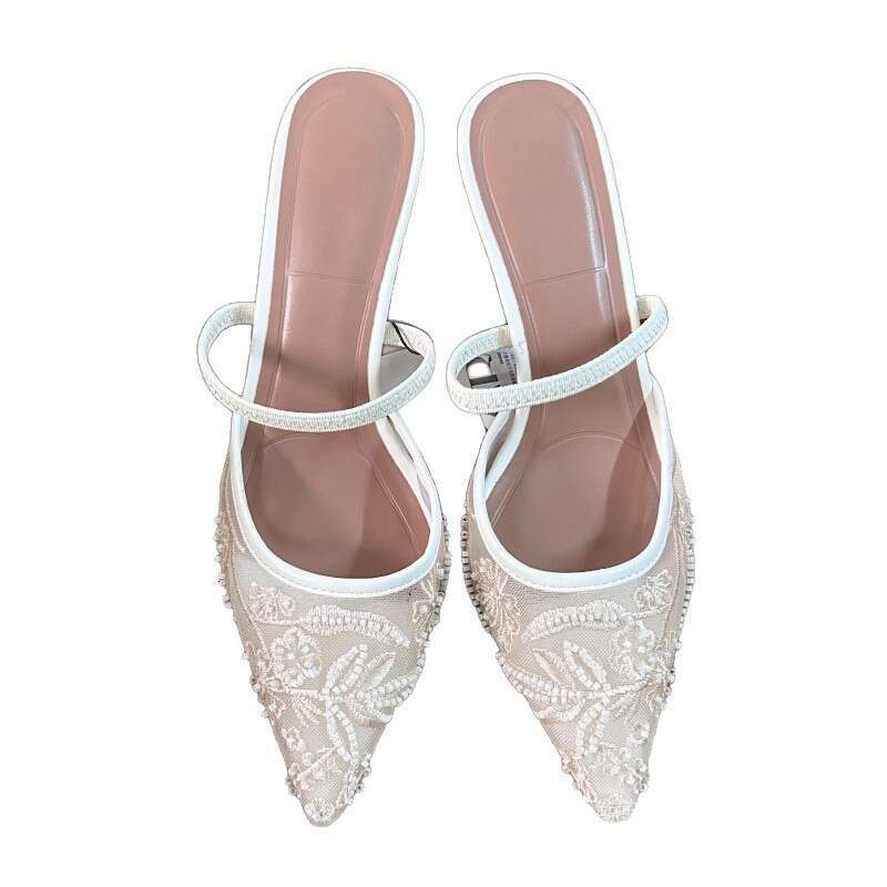 White High Heels for Mesh Embroidery Pointed Stiletto Closed Toe Sandals Women Back Strap Mules Wedding Shoes