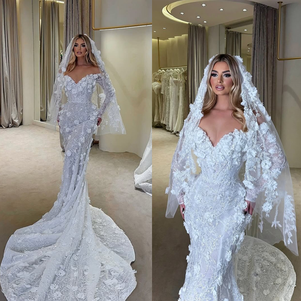 Elegant 3D Flowers Wedding Dresses Appliques Pearls Bridal Gowns Off Shoulder Sequins Mermaid Customized Long Sleeves Vestidos De Novia Plus Size