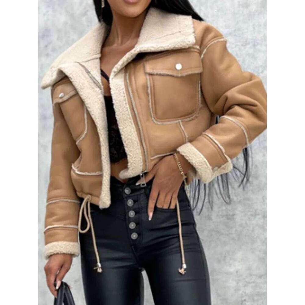 Women Leather Biker Jacket With Faux Fur Trimmed Collar Vintage Moto Coat Warm Winter Outerwear