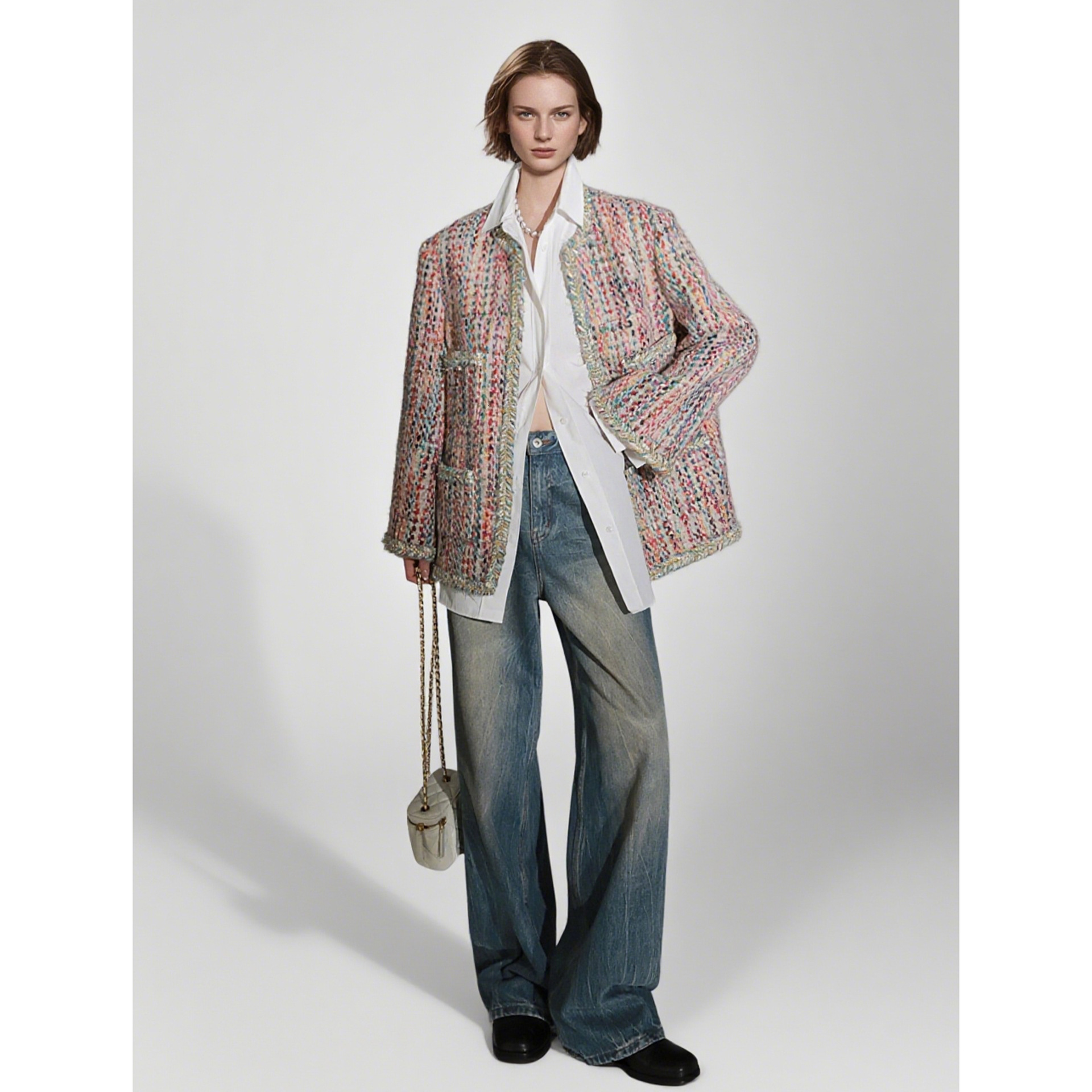 2025 Designer Jacket Color Treasure Yarn Wool Coat Women's Autumn and Winter New Collection Handmade Knitted Coarse Wool design Short Top Luxury 