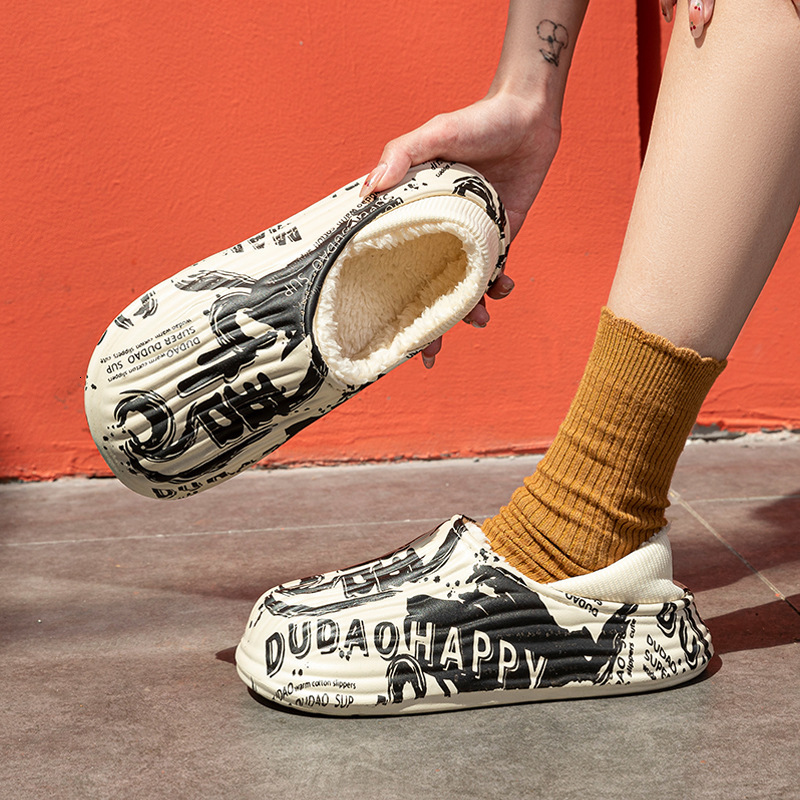 Waterproof for Men, Sports Outdoor Slippers, Non-Slip, Warm, 2025 New Graffiti Design, Closed-Toe Cotton Slippers ddmymarket