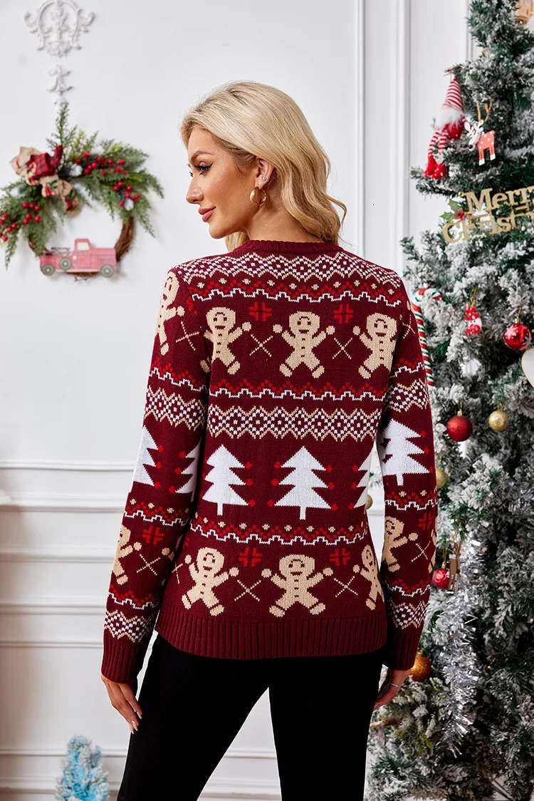 Winter 2025 Christmas Womens Sweater Jacquard Print Full Sleeve O Neck Casual Soft Knitwear Merry Xmas Female Pullover Top 250930