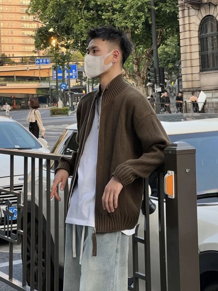 Knitted Cardigan Male with Zipper Jackets Solid Color Mens Sweaters Loose Purple Long Sleeve Original High Quality Woven 250929