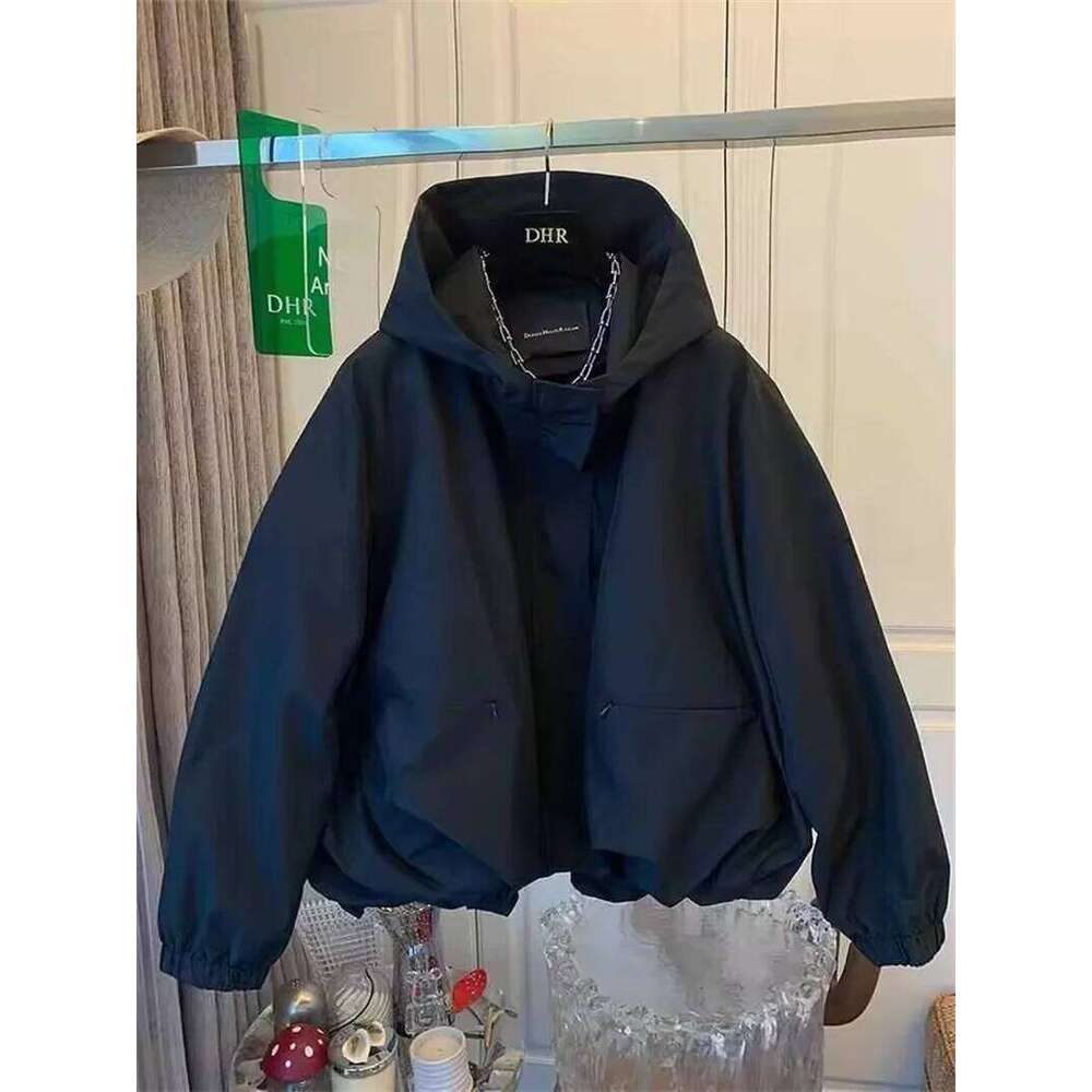 Unique Women Spring Autumn Hooded Short Jacket Casual Drawstring Pocket Windbreaker Loose Zipper Basic Coat