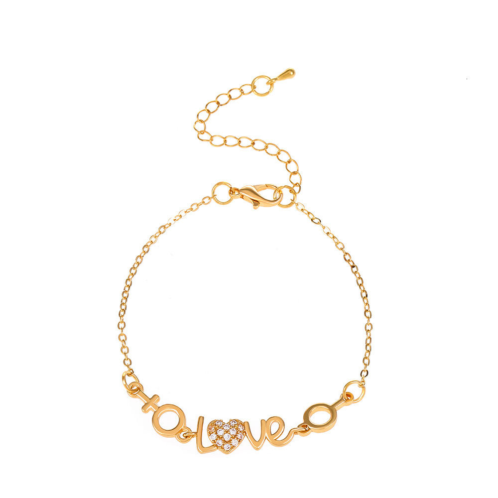 Ins Style LOVE Letter Heart-Shaped Couple Personality Temperament Copper Inlaid Dia Heart Bracelet for Men and Women