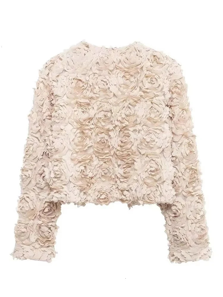 2025 Autumn Women Jacket Short Casual Textured Flower Elegant Fashion Long Sleeve Streetwear Outerwear 250930