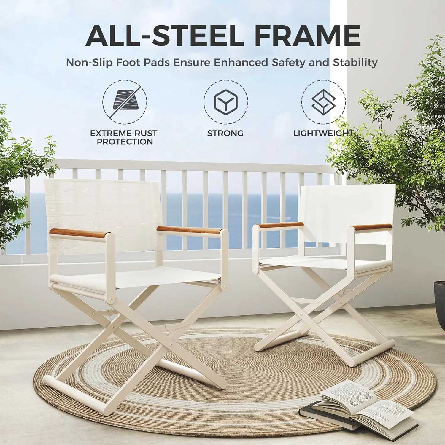 ExtraWide 2Pack Directors Chairs Outdoor Folding Dining Chair Set of 2 with Sling and Woodgrain Armrests J250930