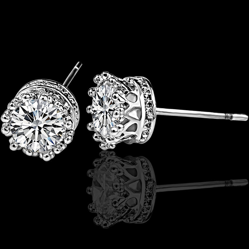New Sier Plated Round Stud Crown Zircon Earrings Korean Style Ear Jewelry