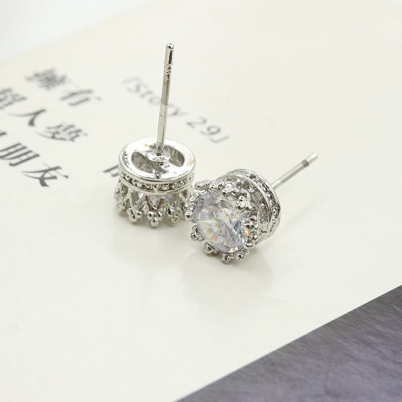 New Sier Plated Round Stud Crown Zircon Earrings Korean Style Ear Jewelry