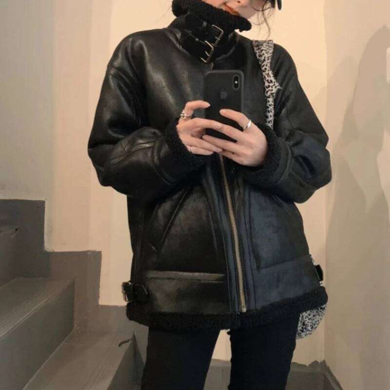 Fashion Bomber Jacket Zipper Sheepskin Outwear Women Warm Winter Faux Fur Suede Leather Lambswool Spliced Parkas Coat