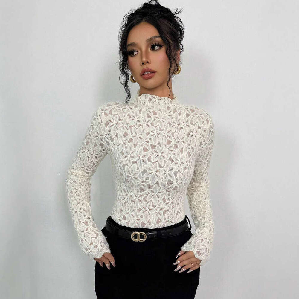 2025 Autumn Winter New Women's Ruffled Half Turtleneck Lace Slim Fit T-Shirt Top
