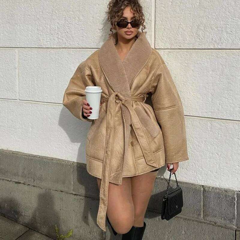 Double Sided Leather Lamb Fur Women's Jacket Vintage Turn-Down Collar Long Sleeve Waist Cinching Coats Fashion Female Streetwear